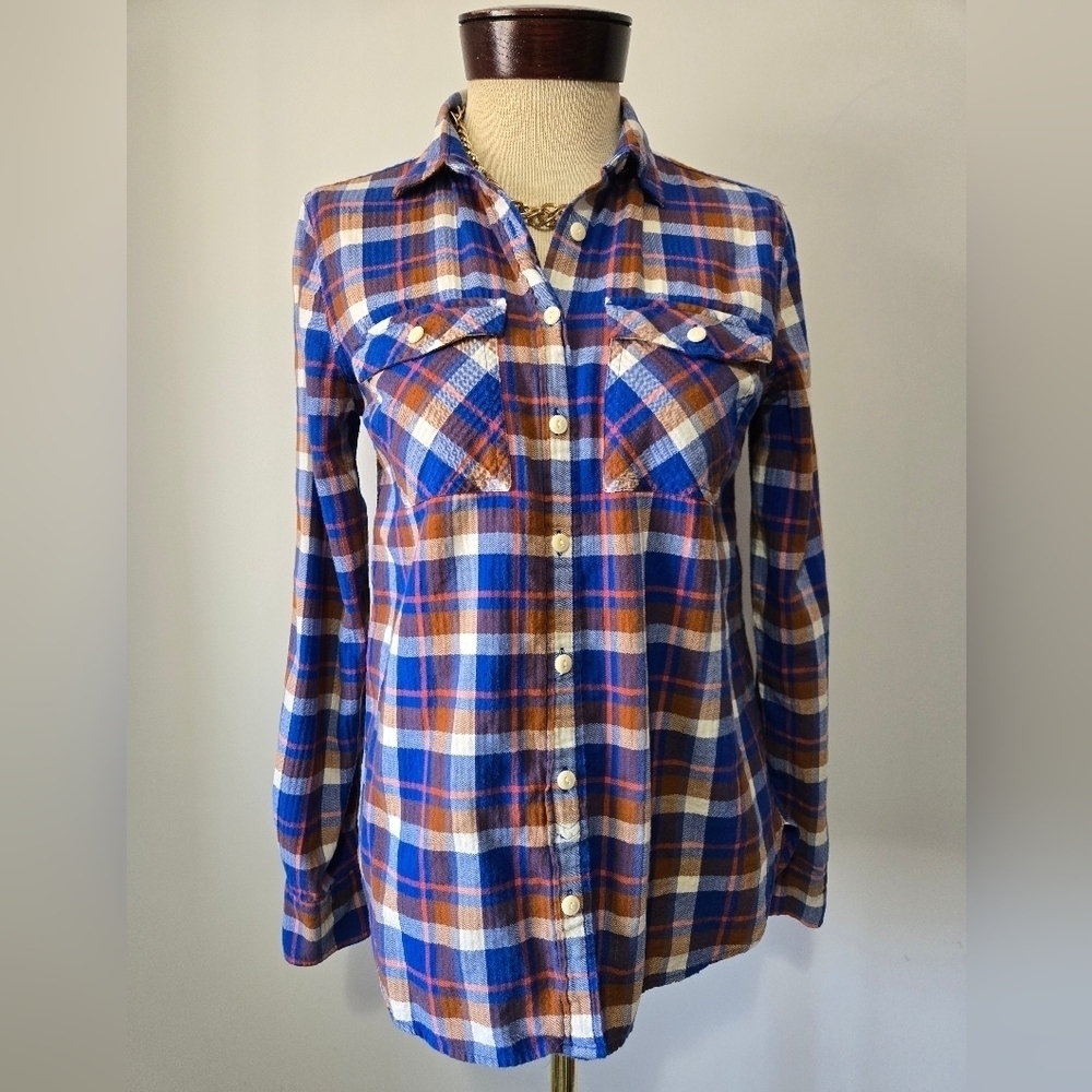 J.CREW Blue and Orange Plaid Button-Up Cotton Shirt. Size Small